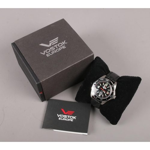 472 - A boxed gentleman's Vostok Europe K-3 Submarine stainless steel automatic wristwatch on leather stra... 