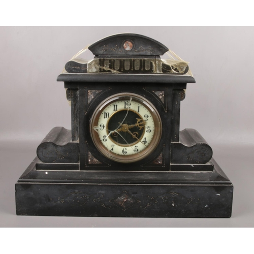 315 - A Victorian slate mantel clock (AF) and two boxes of assorted metalwares including decorative brassw... 