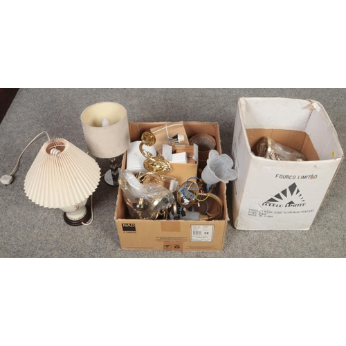 301 - Two boxes of light fittings, ceiling and wall fittings to include two table lamps