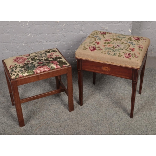 659 - An Edwardian mahogany fan patery inland piano stool along with another similar example.