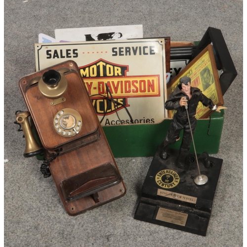 324 - A Elvis Presley Telephone, Vintage Conversation pieces telephone, The Beatles prints and signs etc