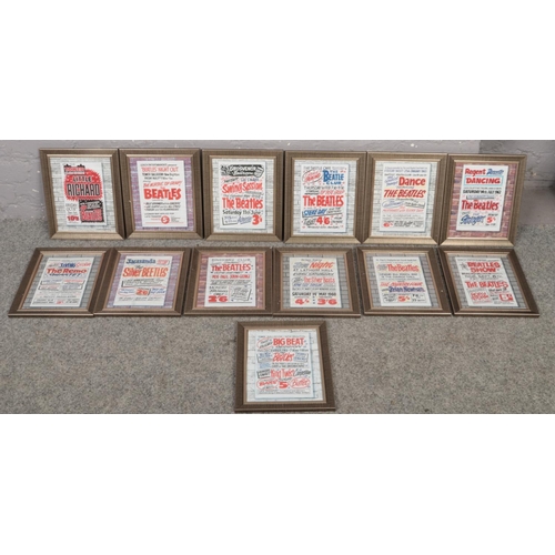 370 - A collection of 13 framed reproduction Beatles concert advertising hand bill/ flyers.