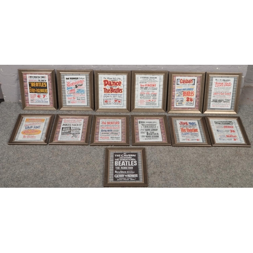 371 - A collection of 13 framed reproduction Beatles concert advertising hand bill/ flyers.