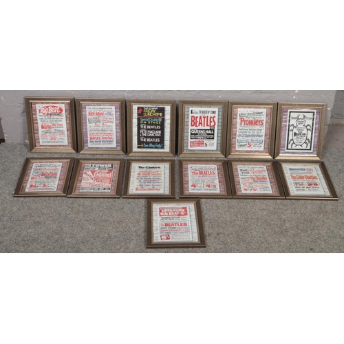 372 - A collection of 13 framed reproduction Beatles concert advertising hand bill/ flyers.