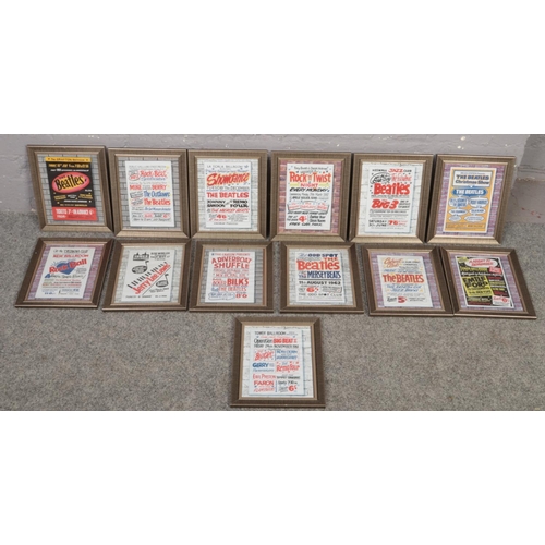 375 - A collection of 13 framed reproduction Beatles concert advertising hand bill/ flyers.