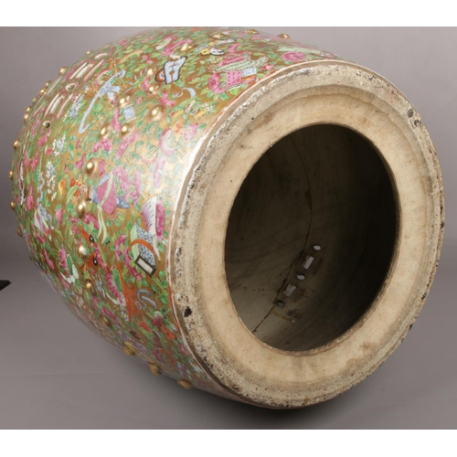 94 - An early 19th century large Cantonese garden seat of barrel form. With pierced roundels and moulded ... 