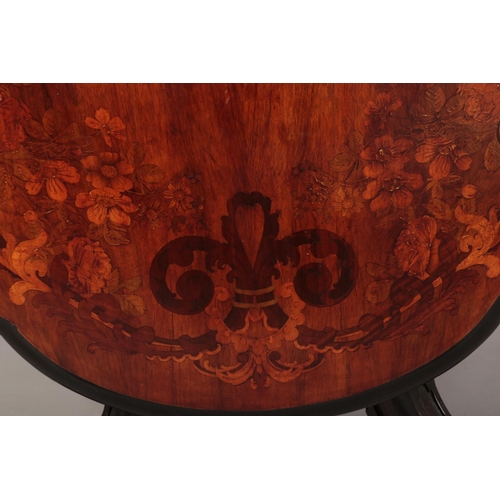 255 - A Victorian figured mahogany snap top centre table of scalloped lozenge form. With marquetry inlay, ... 