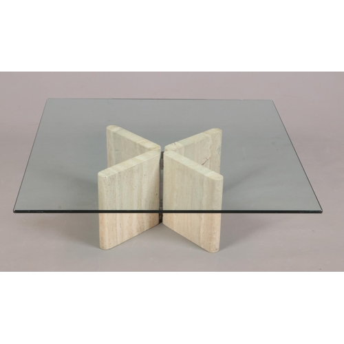 257 - A contemporary glass and travertine coffee table, 100cm square, 31cm high.