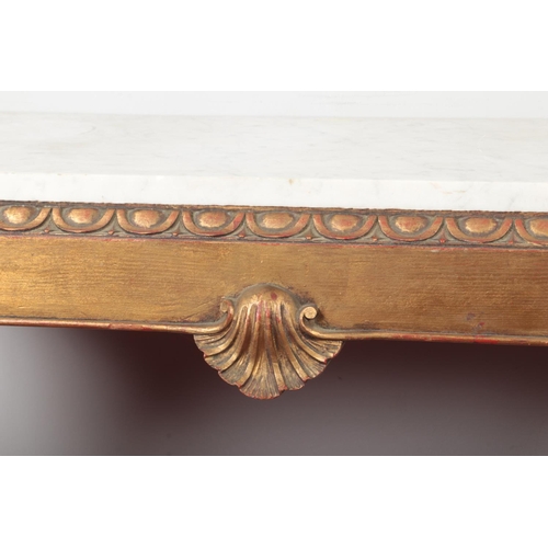 291 - A nineteenth century gilt wood marble top console table. On acanthus cabriole legs, terminating on h... 