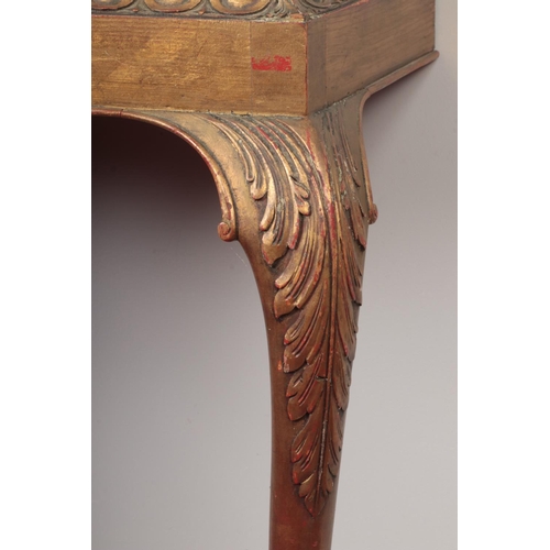 291 - A nineteenth century gilt wood marble top console table. On acanthus cabriole legs, terminating on h... 