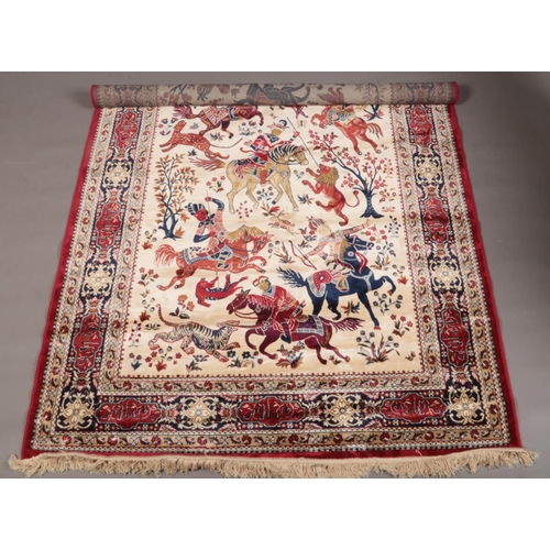 75 - Red ground Kashmir rug with a traditional hunting scene, 240 x 160cm.