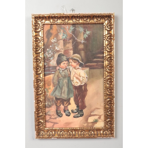 234 - A gilt framed watercolour, portrait of two children. Monogrammed M.K, 38cm x 22cm.