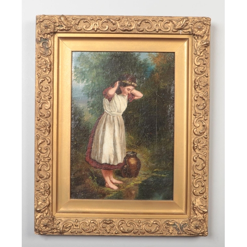 235 - Victorian school, small gilt framed oil on board. Portrait of a young girl taking a break from carry... 