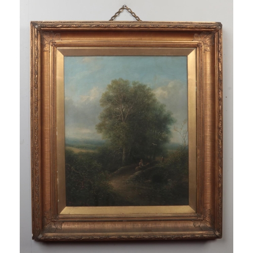 236 - Manner of Joseph Thors, large Victorian gilt framed oil on canvas. Country landscape with a figure o... 