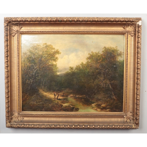 243 - John Berney Ladbrooke (1803-1879) gilt framed oil on canvas. River landscape with two figures fishin... 