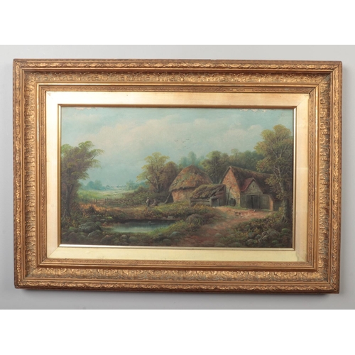 252 - John Enoch Brookes (fl. 1864-73), gilt framed oil on canvas. Country scenes with farm buildings and ... 