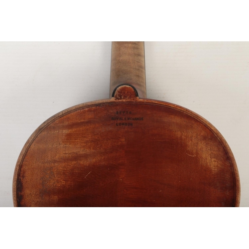 85 - A cased violin and bow. Label for John Betts, Royal Exchange. Stamped to the reverse underneath the ... 