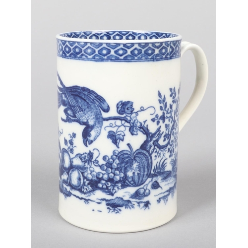 96 - A Caughley cylindrical mug with reeded strap handle. Printed in underglaze blue with the Parrot Peck... 