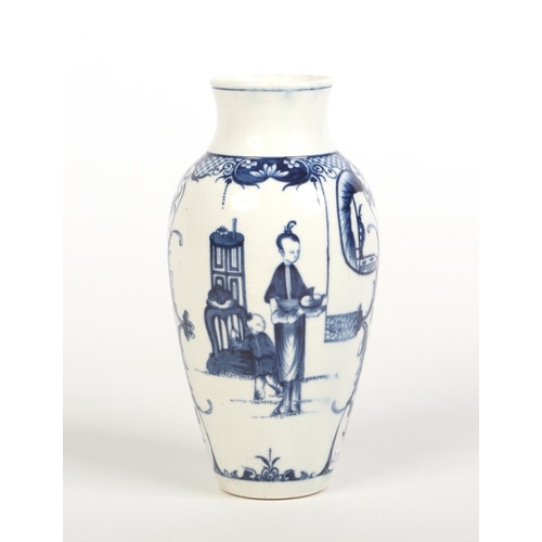 99 - A Worcester baluster shaped vase. Painted in underglaze blue with Chinese figures between lambrequin... 