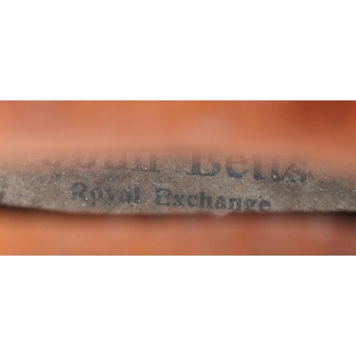 85 - A cased violin and bow. Label for John Betts, Royal Exchange. Stamped to the reverse underneath the ... 