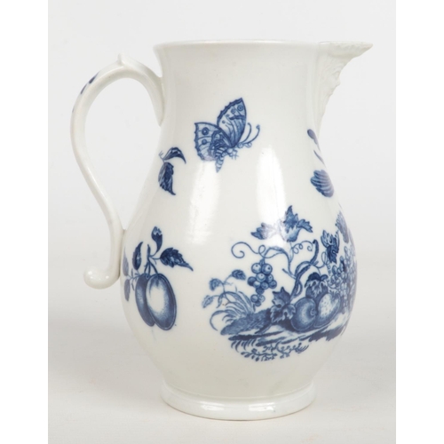 95 - A Caughley baluster shaped mask jug. Printed in underglaze blue with the Parrot Pecking Fruit patter... 