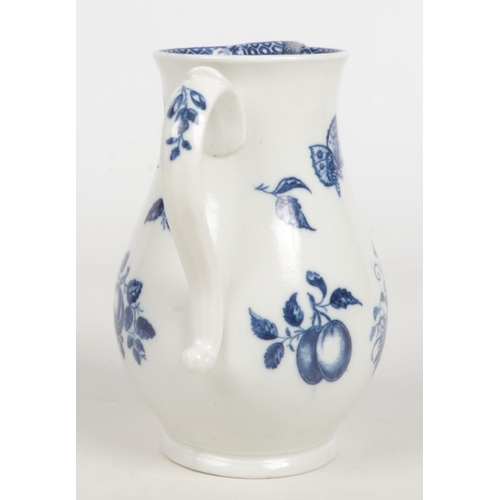 95 - A Caughley baluster shaped mask jug. Printed in underglaze blue with the Parrot Pecking Fruit patter... 