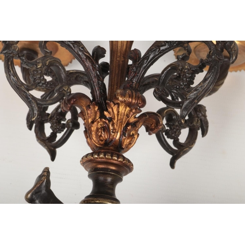 68 - A pair of 19th century French parcel gilt bronze and marble five branch candelabra raised on flatted... 