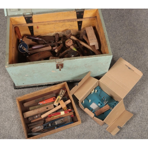 357 - A painted tool chest with contents of mallets, levels etc.