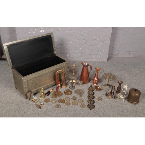 374 - A selection of brass and copperware together with a pierced metal covered wooden trunk - (78 x 34.5 ... 