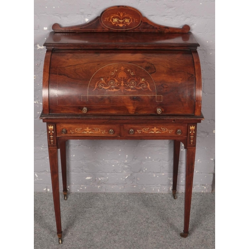 448 - An Edwardian inlaid rosewood cylinder desk with inlaid gallery and fitted leather inset interior. (1... 