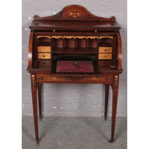 448 - An Edwardian inlaid rosewood cylinder desk with inlaid gallery and fitted leather inset interior. (1... 