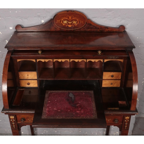 448 - An Edwardian inlaid rosewood cylinder desk with inlaid gallery and fitted leather inset interior. (1... 