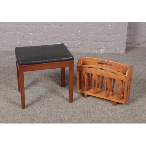 418 - A Leather topped stool and wooden magazine rack