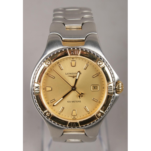 289 - A boxed Gents Longines bi-metal quartz wristwatch, with gilt dial, centre seconds, date display and ... 