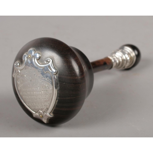 343 - An early 20th century ceremonial mallet with hallmarked silver presentation plaque, laying of the fo... 