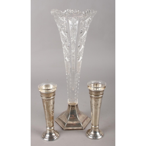 344 - A pair of George V silver specimen vases, assayed London 1918 by Charles Edwards, along with a large... 