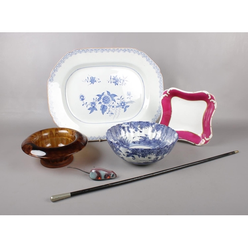 64 - A collection of mainly ceramics, Rockingham Square dish, Brameld meat plate, oriental blue & white b... 