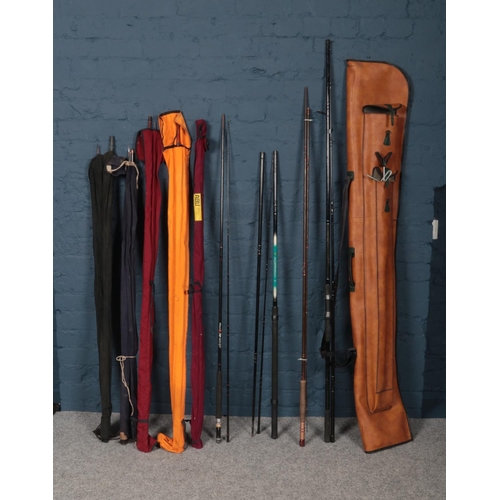 385 - A collection of fishing rods to include, Edgar Sealey Nimrod 9 1/2 ft Fly, Kingfisher Match 12ft, an... 