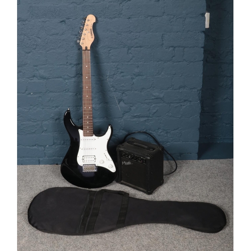 393 - A Yamaha EG112 Stratocaster style electric guitar, in soft carry case, along with a Nevada practice ... 