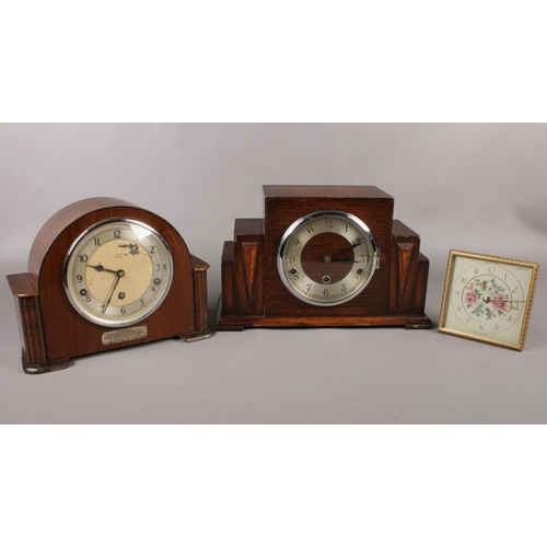 85 - Three clocks comprising of a stepped Oak cased Art Deco mantel clock by the Norland Clock Company Lt... 