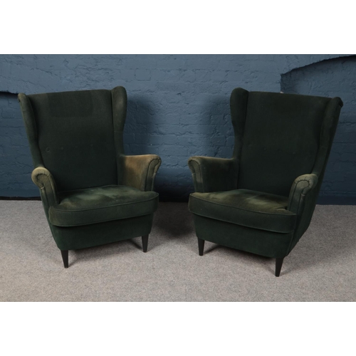 426 - A pair of green upholstered high back armchairs (100 cm height 82 cm wide)