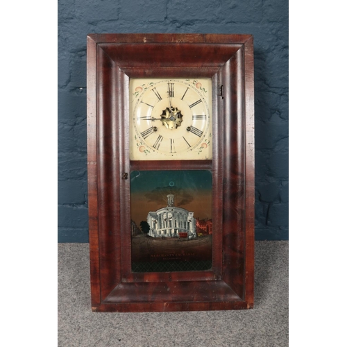 93 - A wall mounted wooden boxed clock with ornate glass front depicting the Merchants' Exchange in Phila... 