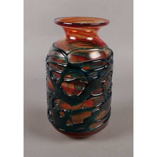 348 - A Mdina orange glass vase with applied blue glass trails, (approx 20cm height 11cm width)