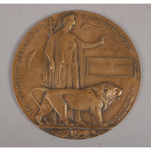 349 - A bronze WWI death plaque for Harold Gainer.