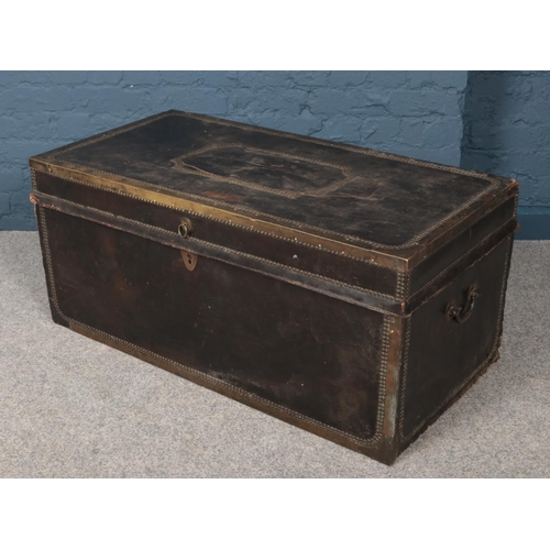 431 - A large 19th century leather bound camphor wood twin handled trunk with stud decoration (Height 47cm... 