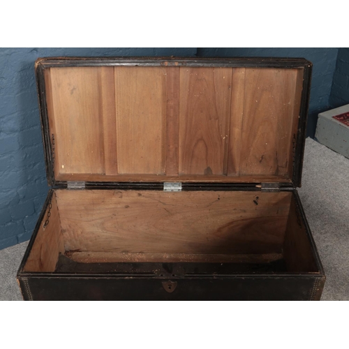 431 - A large 19th century leather bound camphor wood twin handled trunk with stud decoration (Height 47cm... 