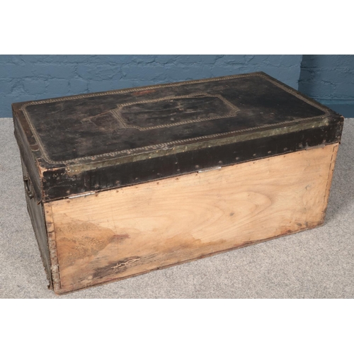 431 - A large 19th century leather bound camphor wood twin handled trunk with stud decoration (Height 47cm... 