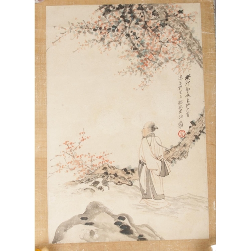 281 - After Zhang Daqian; Chinese ink and watercolour on paper, Man under a tree. (47cm x 33cm)