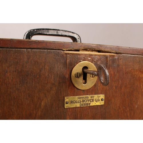 145 - A Rolls-Royce Mahogany tool carry chest, with metal handle, brass lock and two drawers inside. H: 25... 