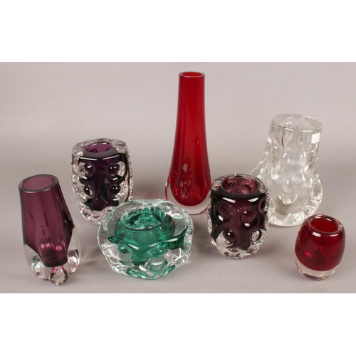 121 - A quantity of coloured art glass. Including Liskeard glass, slender vase, etc.